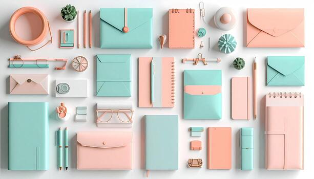 Pastel stationery and office supplies arranged in a grid pattern on a white background. Various colors of envelopes, notebooks, pens, and other accessories are featured photo