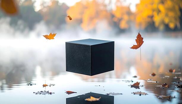 A dark gray cube floats above a calm autumnal lake, surrounded by falling leaves photo