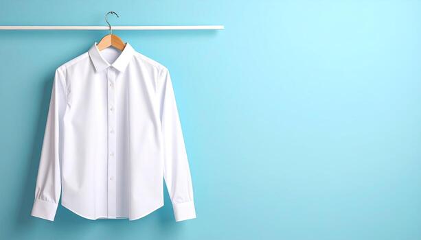 A light-blue, minimalist background displays a white, long-sleeved button-down shirt hanging on a wooden hanger. The image is well-lit and focuses on the garment, positioned against a simple backdrop photo