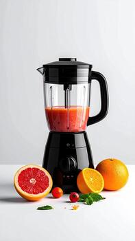 Black blender with vibrant fruit juice photo
