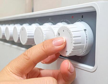 A hand adjusts a control knob on a white appliance. Close-up view of a woman's finger adjusting a dial on a panel of multiple control knobs, likely for a heating or washing machine photo