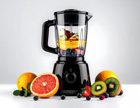 Black blender filled with colorful fruits and berries, ready for a smoothie photo