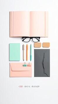 Pastel-toned stationery and office supplies arranged on a white background. Open notebook, eyeglasses, pens, envelopes, and paper notes are artfully placed. A sense of organization and calm is evoked photo