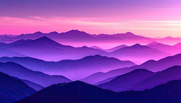 A breathtaking vista of layered mountain ranges bathed in a vibrant sunset. Soft, pastel colors of pink and purple envelop the peaks, creating a serene and ethereal atmosphere. A hazy, misty layer blankets the lower slopes, enhancing the depth of the sc photo