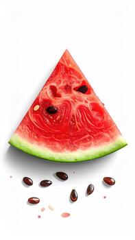 un vibrante, triangular rebanada de sandía, con semillas dispersado alrededor, en contra un blanco antecedentes foto