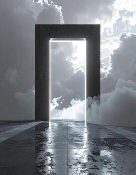 Dark rectangular doorway opens to a bright sky photo