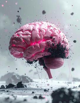 A pink brain, seemingly decaying, with dark fragments erupting from its surface. A muted, light gray background creates a sense of detachment photo