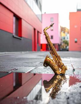 Gold saxophone resting in a puddle, reflected in the water. Urban setting with vibrant pink and red buildings photo