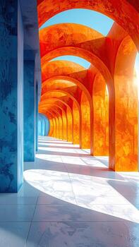 A vibrant, architectural colonnade with alternating blue and orange arches. Sunlight streams through the arches, casting shadows on the white floor. The walls are textured, with a subtle pattern photo