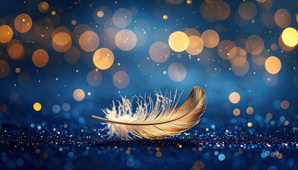 Golden feather on a dark blue sparkly background photo