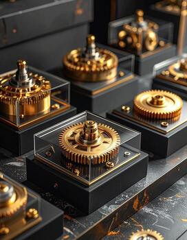 Gold gears and mechanisms in glass-topped black boxes, arranged in a grid pattern on a dark surface photo
