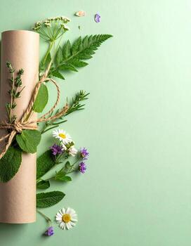 arrollado Kraft papel Desplazarse, atado con enroscarse, rodeado por Fresco hierbas y flores en un verde menta antecedentes foto