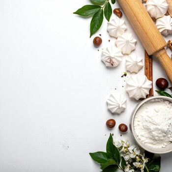 White surface with baking ingredients. Meringues, flour, rolling pin, spices, leaves, and nuts photo