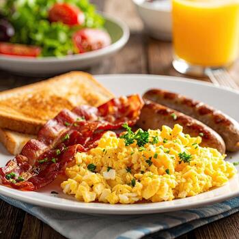 Scrumptious breakfast platter featuring crispy bacon, savory sausages, fluffy scrambled eggs, and toasted bread. A side salad and orange juice complete the meal photo
