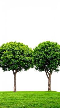 Two vibrant green trees stand tall on a field of lush green grass against a pure white background photo