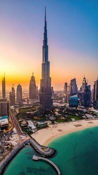 Panoramic cityscape at sunset over a modern metropolis, featuring a prominent skyscraper and a pristine beach photo