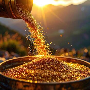 Golden granules pouring from a container, bathed in sunlight photo