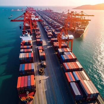 Aerial view of a busy port. Containers, cranes, ships, and docks fill the frame. Sunrise or sunset light casts long shadows. Shipping activity is evident photo