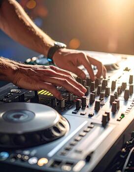 Close-up of hands operating a DJ mixer. Hands on control knobs and a turntable. Blurred background of a dimly lit club photo