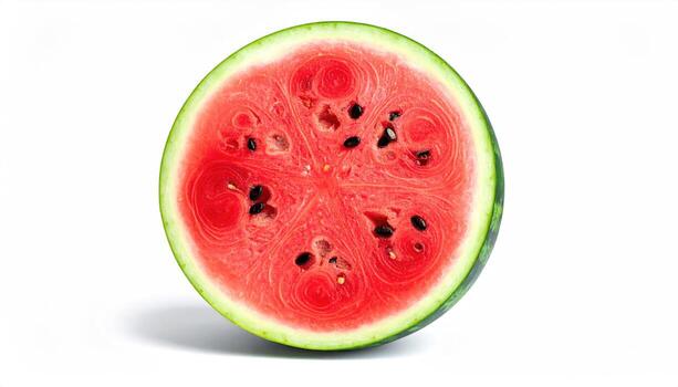 Close-up of a watermelon slice. Red flesh, green rind. Seeds in center. Isolated on white photo