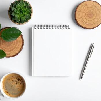 A blank spiral-bound notebook sits on a white surface, surrounded by potted succulents, a coffee cup, and wooden coasters. A pen rests beside the notebook photo