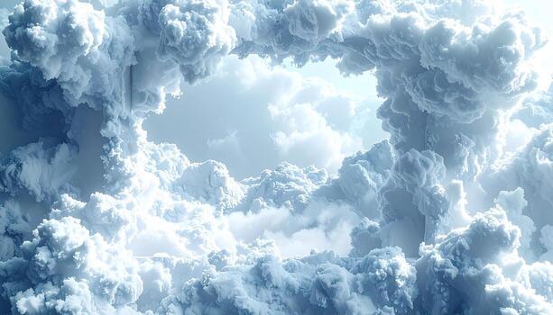 A dramatic view through a hole in thick, light-blue clouds. Sunlight peeks through photo