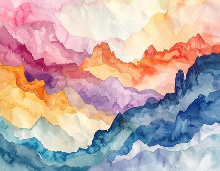 Watercolor mountain landscape, layered and blended in a spectrum of soft colors photo