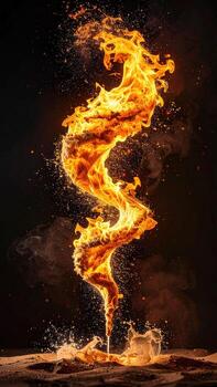 Fiery, swirling flames ascend from a central point, creating a stylized S shape. Sparks and smoke surround the fiery column, against a dark background. A base of scattered debris and splashes of liquid is visible photo