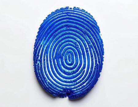 A vibrant, deep-blue, circular fingerprint, meticulously detailed and textured, is centered against a stark white background. The concentric swirls and ridges of the print are distinct, echoing the complexity of a real fingerprint. Small, subtle irregul photo