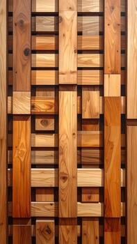 Abstract wood paneling, a geometric arrangement of light and dark brown wooden planks in a repeating pattern of squares and rectangles photo