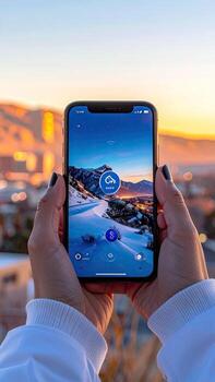 Close-up of hands holding a phone, displaying a winter scene app. Sunset cityscape in background photo