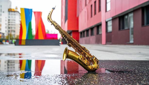 Golden saxophone in a puddle, urban setting photo