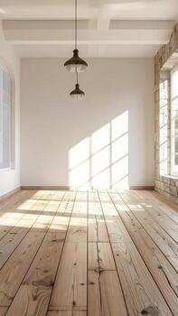 Empty room with sunlight streaming through large windows. Wooden floor, light walls, and hanging lamps photo
