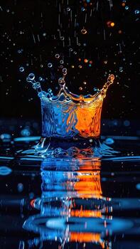 Vibrant water splash crown, two-toned, reflecting on dark surface photo