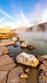 Sunrise over a geothermal pool, with steaming, misty landscape and rocks photo