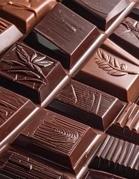 Close-up view of assorted chocolate bars. Rows of dark and milk chocolate bars, showcasing intricate patterns and textures photo
