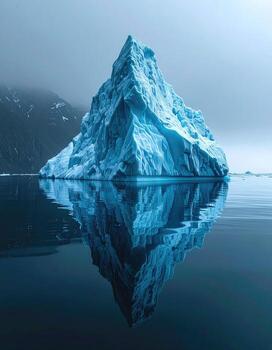 Iceberg's pristine pyramid, perfectly mirrored in tranquil water. Misty, mountainous backdrop photo