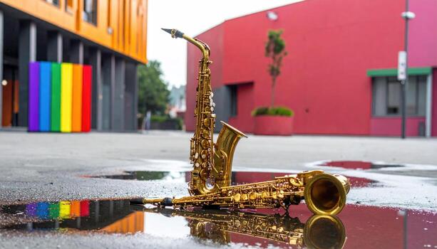 Two golden saxophones in a puddle, rainbow flag backdrop photo