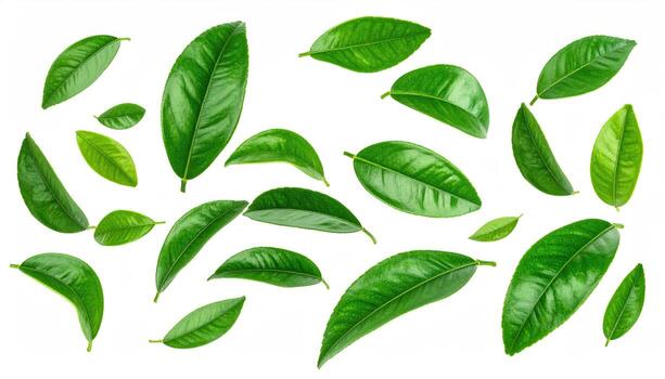 Fresh green leaves scattered, vibrant, various sizes and angles photo