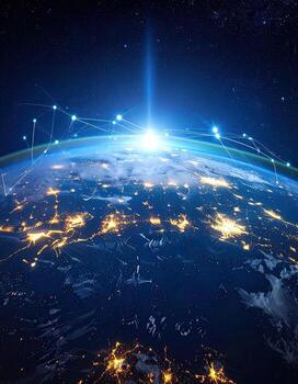 Earth from space, illuminated by city lights, with glowing network connections photo