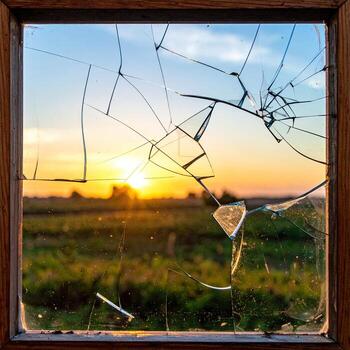 Broken window pane, sunset view photo