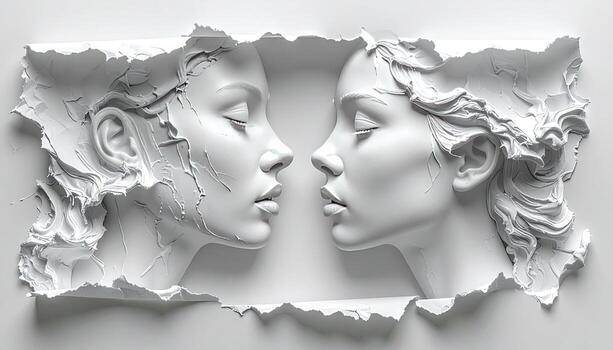 dos esculpido hembra caras, de cerca, en perfil, frente a cada otro, blanco bajorrelieve, papel rasgado efecto foto