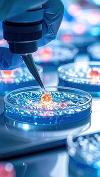 A gloved hand manipulates a microscopic object in a petri dish, illuminated by bright blue light photo