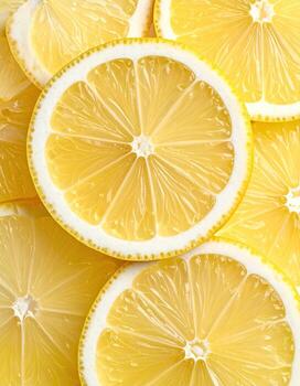 Close-up view of many fresh lemon slices layered photo