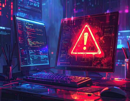 A digital art piece of a computer with an error alert. Two computer screens, one showing code, the other an alert triangle. Vibrant neon lighting. Cyberpunk aesthetic photo
