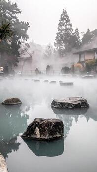 brumoso caliente primavera escena con rocas y arboles foto