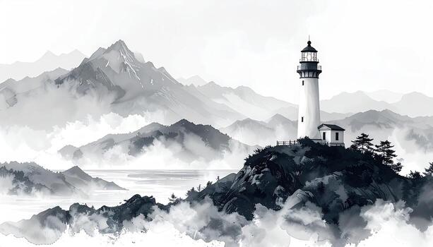 Misty mountain landscape with lighthouse photo