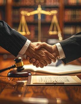 Close-up of two individuals in suits shaking hands at a wooden table, with legal documents and scales of justice in the background photo