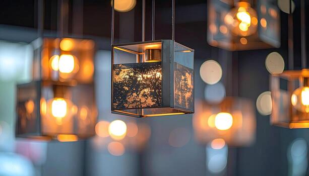 Warm light fixtures hang from ceiling photo