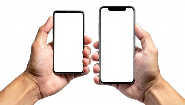 Two hands holding smartphones, one large and one small, both with blank screens photo